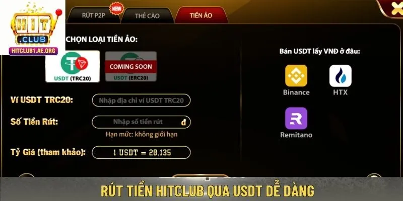 Rút tiền Hitclub qua USDT dễ dàng